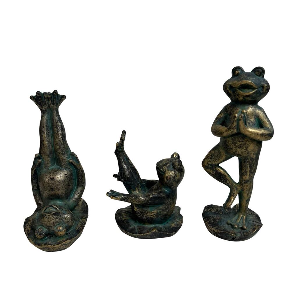 Yoga Frog Figures Posing Figurines Statue Green Gold Resin Zen Hippie